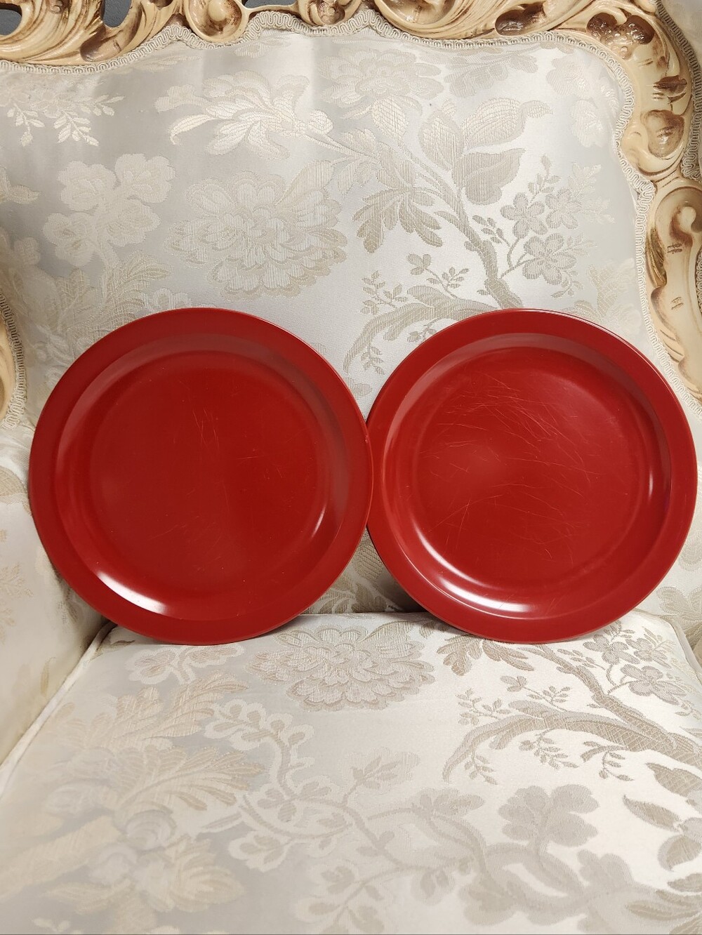 2 VINTAGE TEXAS WARE Red Melamine 10" PLATES RETRO Lunch Dinner